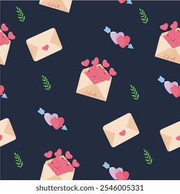 Seamless pattern with love letters, envelope and hearts on a dark background. Happy Valentine's Day, Romance, Love concept. Perfect for product design, scrapbooking, textile, wrapping paper. EPS 10