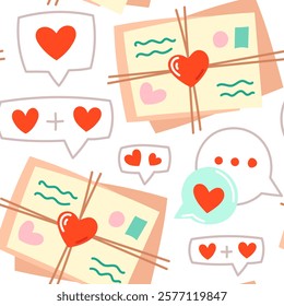 Seamless pattern with love letters, envelope, speech bubbles and hearts. Flat vector Valentine's Day illustrations. Perfect for fabric, scrapbooking, banner, card, wrapping paper, textile, wallpaper.