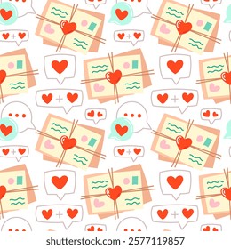 Seamless pattern with love letters, envelope, speech bubbles and hearts. Flat vector Valentine's Day illustrations. Perfect for fabric, scrapbooking, banner, card, wrapping paper, textile, wallpaper.