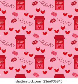 Seamless pattern Love letters - envelopes fly into a red mailbox with a heart. Vector Holiday Valentine's Day pink background