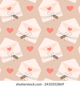 Seamless pattern, love letters envelopes with hearts in doodle style. Background, wallpaper, vector