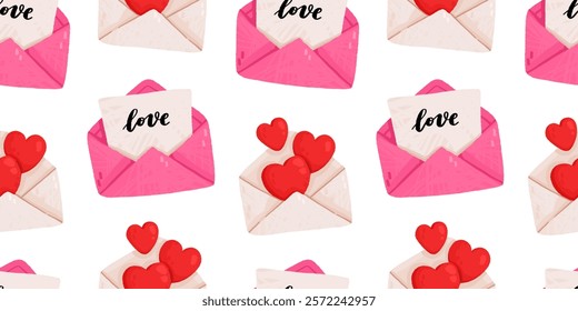 Seamless pattern with love letters with heart stamp. Valentine's day concept.