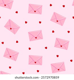 Seamless pattern of love letters with hearts on a pink background. Cartoon envelopes and small hearts print for wrapping paper, fabric, textile, wallpaper. Vector texture.