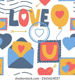 Seamless Pattern of Love Letters. Romantic envelopes with cards, stamps, letters, balloon and wax hearts-shaped seal.