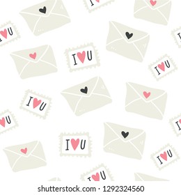 seamless pattern with love letters and stamps on white background. Autumn and winter mood. Valentines day pattern. Scandinavian style - Vector