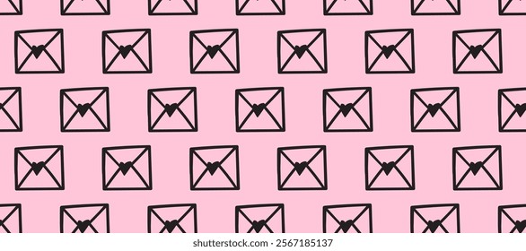Seamless pattern. Love mail. Outline design. Pink background.