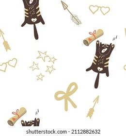 Seamless pattern, love message, cat falls, cupid's arrows, stars, Valentine's Day