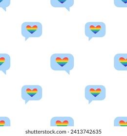 Seamless Pattern with Love message with heart in LGBT flag colors. Rainbow color mail, message, sms icon. Texture with LGBT stickers in doodle style. LGBTQ, LGBT pride community Symbol.