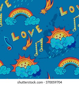 seamless pattern with love, music and weather symbols