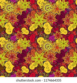 Seamless pattern love pattern with nice lettering calligraphy text doodles. Art for web, print, fabric. Vector. Graphic on yellow, black and orange colors. Hand drawn illustration in cartoon style.