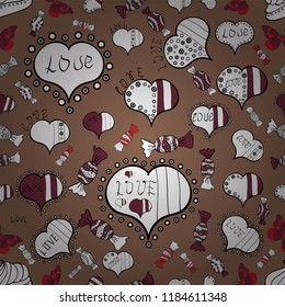 Seamless pattern love pattern with nice lettering calligraphy text and hearts, doodles. Graphic on brown, white colors. Art for web, print, fabric. Vector. Hand drawn illustration in cartoon style.