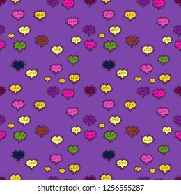 Seamless pattern love pattern with nice lettering calligraphy text and hearts, doodles. Hand drawn illustration in cartoon style. Graphic on violet, yellow and black colors. Art for web, print. Vector