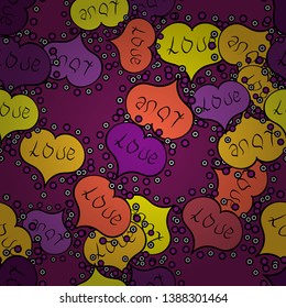 Seamless pattern love pattern with nice lettering calligraphy text and hearts, doodles. Vector. Art for web, print. Graphic on purple and yellow colors. Hand drawn illustration in cartoon style.