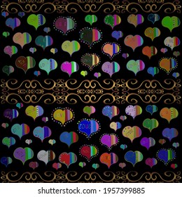 Seamless pattern love pattern with nice lettering calligraphy text and hearts, doodles. Art for web, print. Graphic on blue, black and green colors. Vector. Hand drawn illustration in cartoon style.