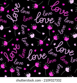 Seamless pattern with love on a black background Vector background for wrapping paper, for Valentine's day.