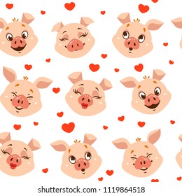 Seamless pattern with love pigs, hearts, kisses.Vector illustration for textile fabric print.