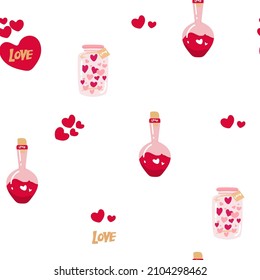 Seamless pattern with love potion bottle. Vector illustration. Design for Valentines Day. Love potion Hand draw cartoon magic bottles. for wrap paper, wallpaper, background, seasonal textile.