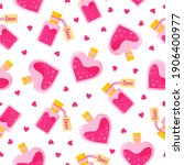 Seamless pattern of love potion in buns of different shapes with tag and heart for the wedding or Valentine