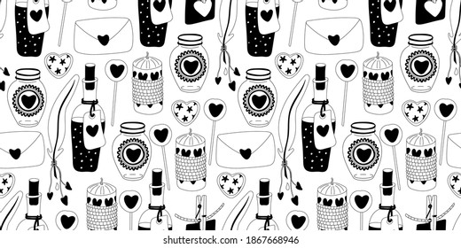 Seamless pattern with love potion,  candles, envelopes, jars, lollipops, hearts. Valentine's day decor. Great for fabrics, wrapping papers, wallpapers, covers. Doodle style illustration black outline.