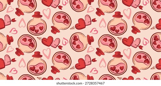 Nahtloses Muster Love Trank und Amor Arrow Hearts, Vektor. Nahtloses romantisches Vektormuster mit Liebestrankflaschen, Herzen durchbohrt von Amor Pfeilen. Valentinstag-Design für Textilien, Papier, Verpackungen und Dekor.