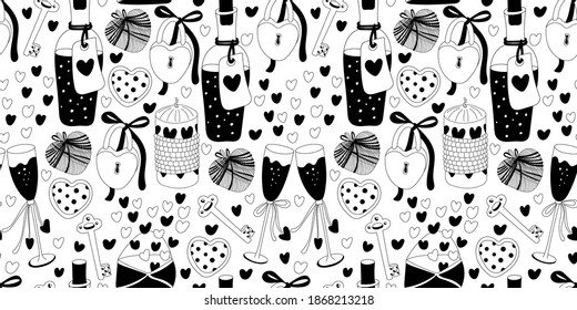 Seamless pattern with love potion, glasswine, hearts, candles, padlocks, keys. Valentine's day decor. Great for fabrics, wrapping papers, wallpapers, covers. Doodle style illustration black outline.