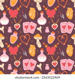 Seamless pattern with love potion, heart on dark background