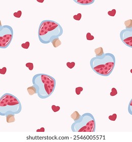 Seamless pattern with love potion and hearts. Happy Valentine's Day, Romance, Love concept. Perfect for product design, scrapbooking, textile, wrapping paper. EPS 10