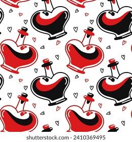 Seamless pattern with love potion in heart-shaped doodle buns with hearts for Valentine's Day packaging. Cartoon vector isolated design for wallpaper, wrapping paper, textiles on a white background