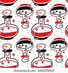 Patrón sin foco con poción de amor en bollos de doodle redondeados con burbujas para el embalaje del Día de San Valentín. Diseño aislado de vectores de caricatura para papel de pared, papel de envoltura, textiles con fondo blanco