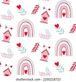 Seamless pattern of love rainbows, love bird house and flowers on isolated background. Design for celebration Valentine’s Day, wedding, mother’s day. For greeting cards, scrapbooking or home decor.
