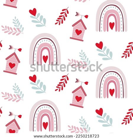 Seamless pattern of love rainbows, love bird house and flowers on isolated background. Design for celebration Valentine’s Day, wedding, mother’s day. For greeting cards, scrapbooking or home decor.