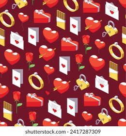 Seamless pattern of love related isometric icons on red background