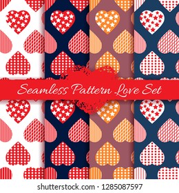 Seamless pattern love set with red pink color hearts shape on isolated background.Vector illustration free hand drawing.