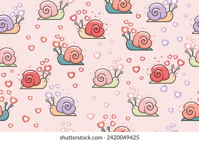 Seamless pattern of love shaped snail shells suitable for love design backgrounds, fabrics, wrappers, Valentine's Day, greeting cards, covers, etc.