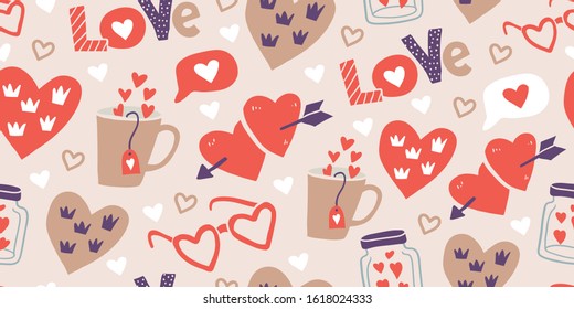 Seamless pattern with love stickers, hearts. Hand drawn hearts, words, mug, bottle, box in doodle style. Template for invitations, planners, wrapping paper, textile. Valentines day pattern