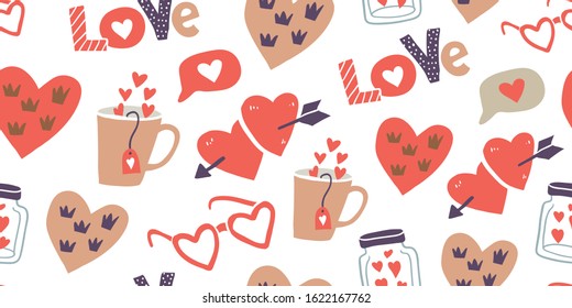 Seamless pattern with love stickers, hearts. Hand drawn hearts, words, mug, bottle, box in doodle style. Template for invitations, planners, wrapping paper, textile. Valentines day pattern