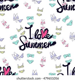 Seamless pattern with I love summer lettering on colored bikini swimsuit background. Vacation symbols in decorative hand drawn sketch style. Summer mood inspired illustration.