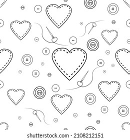 Seamless pattern with love symbol, buttons, needle and thread, isolated on background. Ideal for postcards, wrapping paper, decoration. Vector illustration
