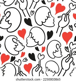 seamless pattern with love symbols. Faces in profile, a flower in the form of a heart, a kiss and a declaration of love.