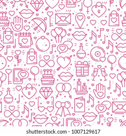Seamless pattern with love symbols in line style. Valentines day. Love heart couple relationship dating wedding romantic amour theme. Vector illustration. Background