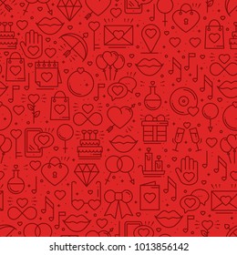 Seamless pattern with love symbols in line style. Valentines day. Love heart couple relationship dating wedding romantic amour theme. Vector illustration. Background