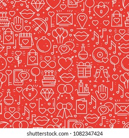Seamless pattern with love symbols in line style. Valentines day. Love heart couple relationship dating wedding romantic amour theme. Vector illustration. Background