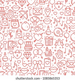 Seamless pattern with love symbols in line style. Valentines day. Love heart couple relationship dating wedding romantic amour theme. Vector illustration. Background