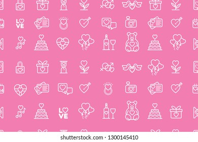 Seamless pattern with love symbols in thin line style. Valentines day. Love heart couple relationship dating wedding romantic amour theme. Vector illustration.