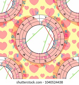 seamless pattern love  synastry natal astrological chart, zodiac signs vector illustration
