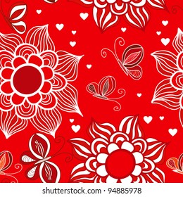 Seamless pattern with love valentine butterflies and flowers.