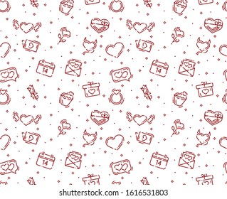 Seamless pattern with love and valentines day. Red and white thin line icons
