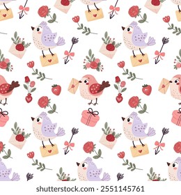 Seamless pattern, love, valentine's day. Cute birds, letter, flowers and heart.