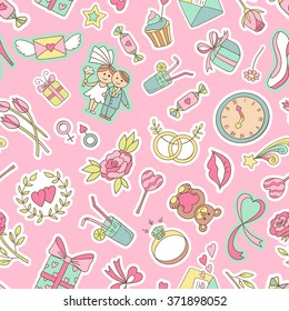 Seamless pattern with love wedding hand drawn elements. Vector illustration.