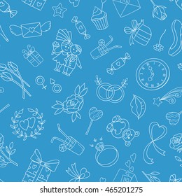 Seamless pattern with love wedding hand drawn elements.Repeating stylish ornament perfect for wallpapers,textile,wrapping,packaging. Vector illustration.